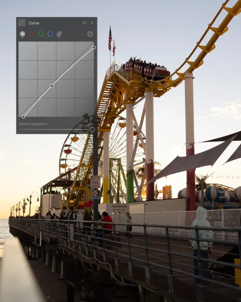 Lightroom tone curve settings used to create soft cinematic sunset photo edit